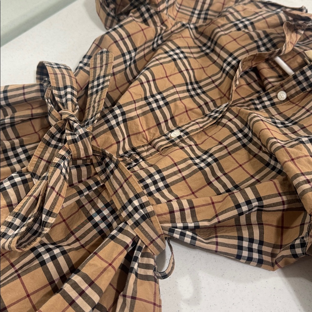 Burberry Shirt Dress NovaCheck Tan Black Plaid with Waist Tie Women’s US 6 EU 8 - Picture 11 of 12